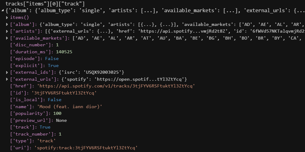 Spotipy tracks item track dictionary